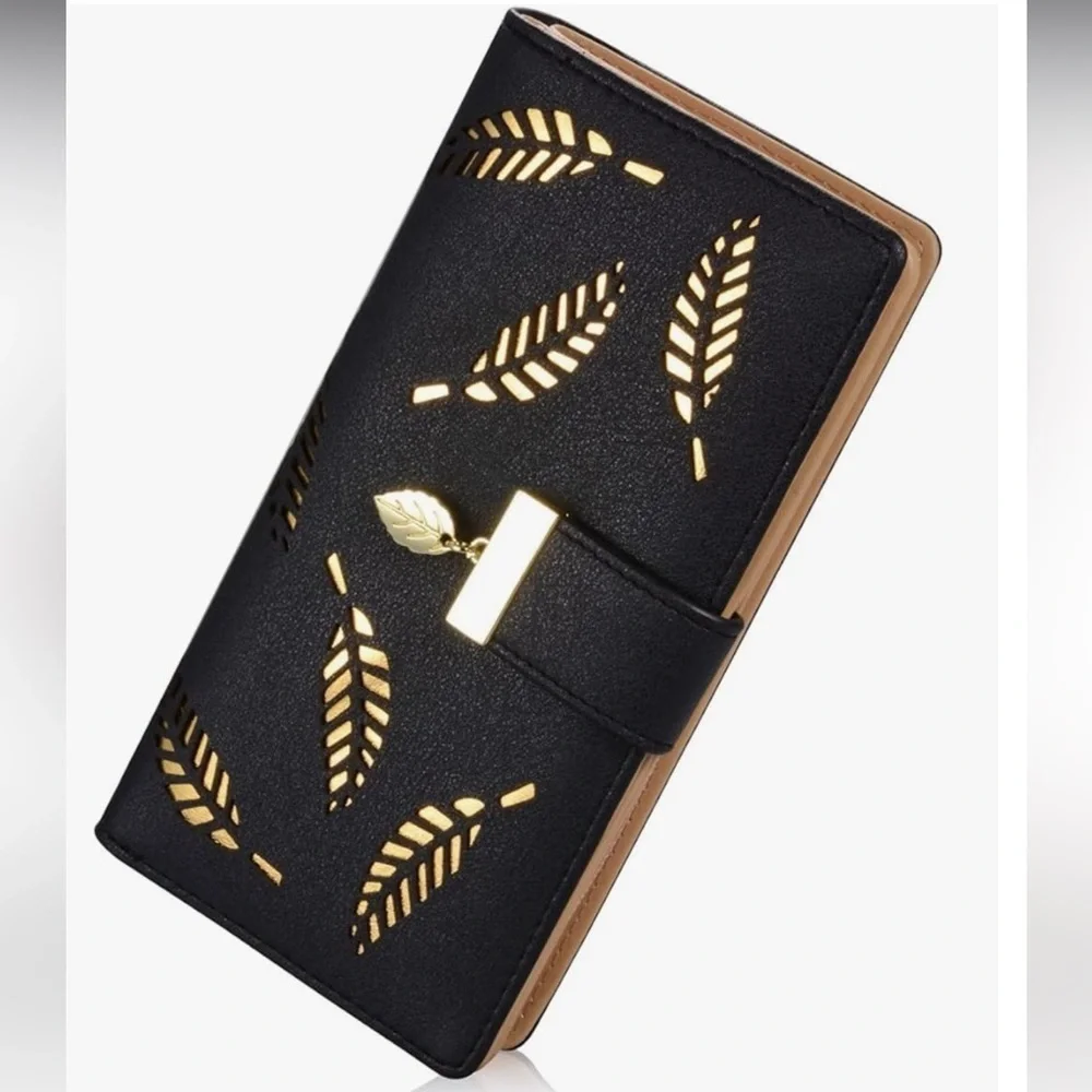 Women's Long Leaf Bifold Wallet Leather Card Holder Purse Elegant Clutch ( new)